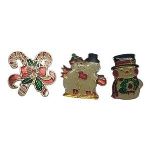 Lot of 3 Vintage Christmas Lapel Push Pins Snowman & Woman, Snowman & Candycanes